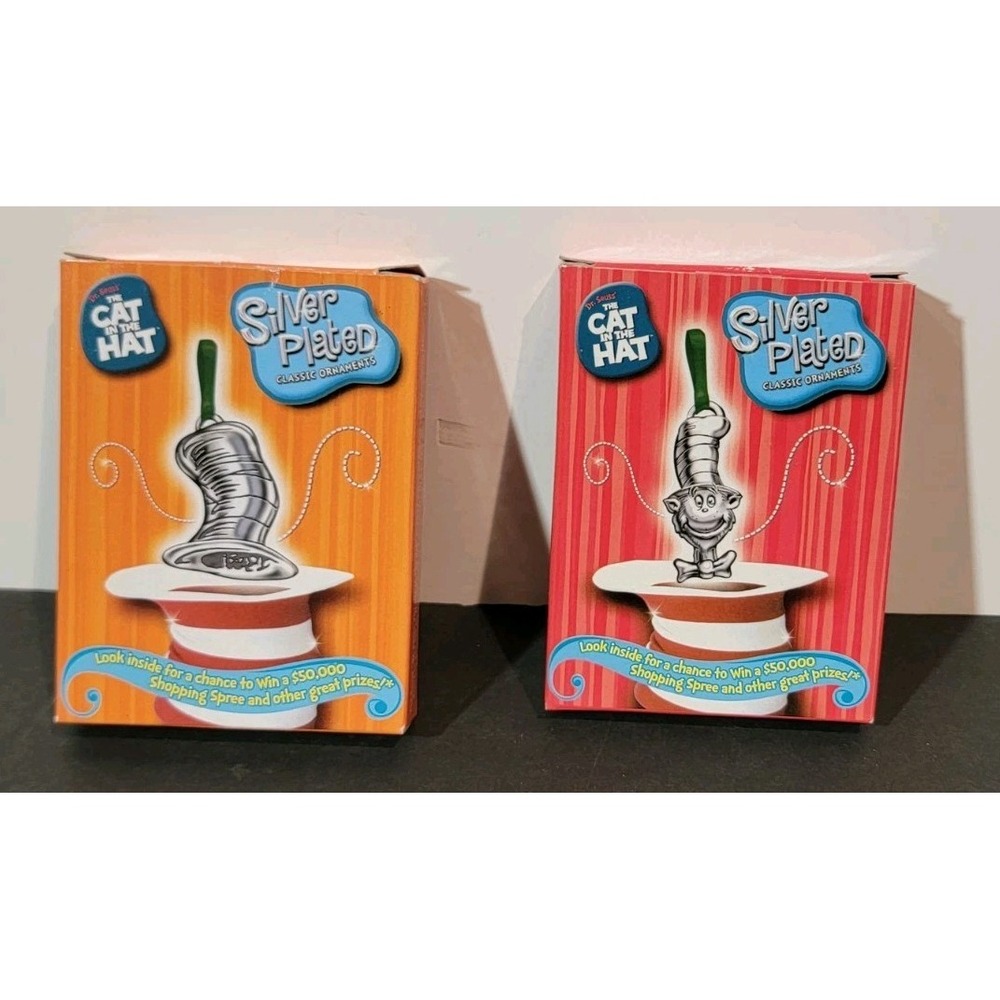 Vintage 2003 Cat in the Hat Hanging‎ Silverplate 2.5" Christmas Ornaments 2 Set